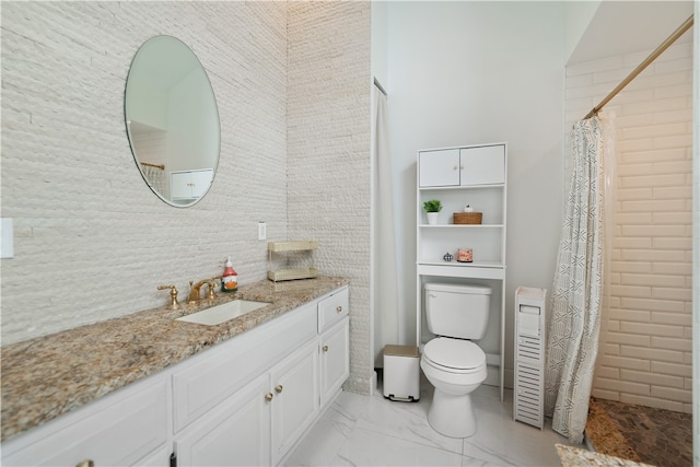 bathroom with tile walls, walk in shower, vanity, decorative backsplash, and toilet