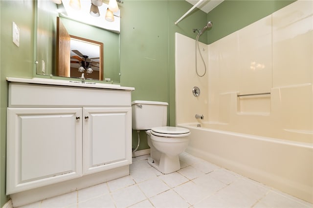 full bathroom featuring shower / bath combination, toilet, tile patterned flooring, vanity, and ceiling fan