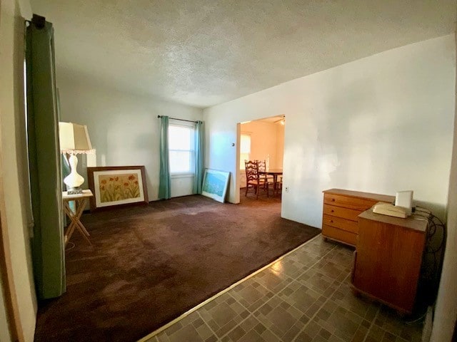 carpeted bedroom with a textured ceiling