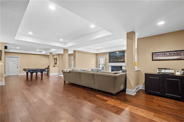 living room with hardwood / wood-style flooring, a raised ceiling, and billiards