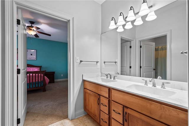 bathroom with vanity, ceiling fan, and tile patterned floors