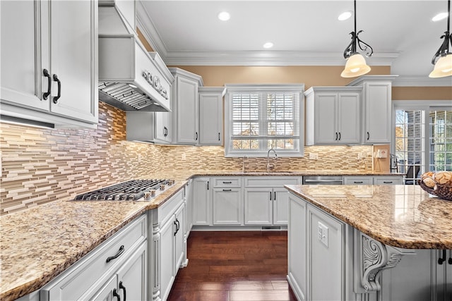 kitchen featuring ornamental molding, decorative light fixtures, custom range hood, dark hardwood / wood-style floors, and sink