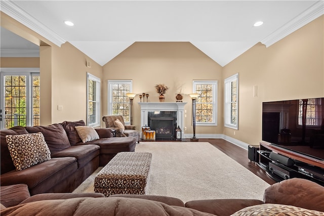 living room with dark hardwood / wood-style flooring, a wealth of natural light, vaulted ceiling, and ornamental molding