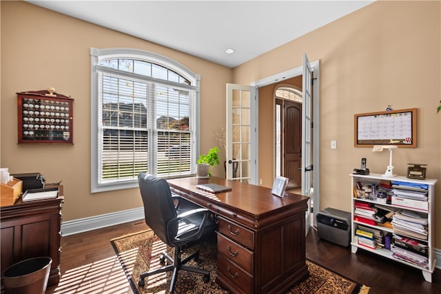 office space featuring french doors and dark hardwood / wood-style flooring