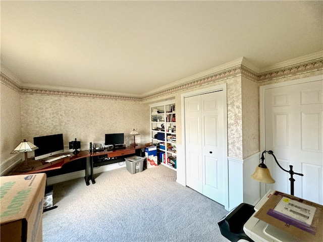 office featuring ornamental molding and carpet flooring