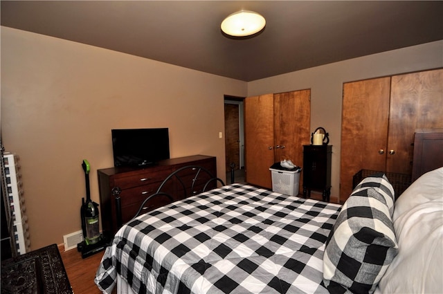 bedroom with hardwood / wood-style floors and multiple closets