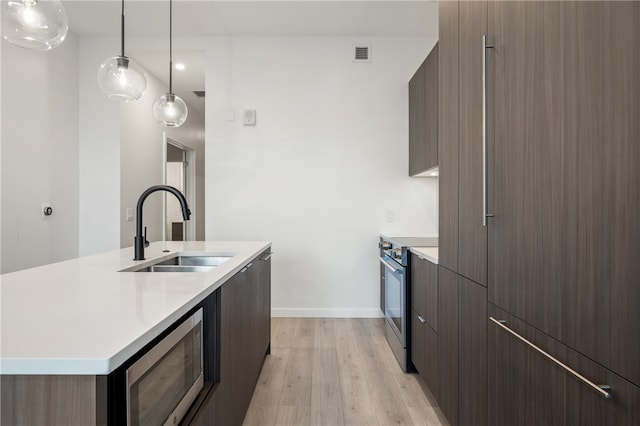 kitchen featuring stainless steel appliances, light hardwood / wood-style floors, a center island with sink, sink, and pendant lighting