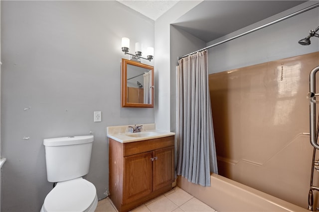 full bathroom featuring vanity, tile patterned flooring, toilet, and shower / tub combo