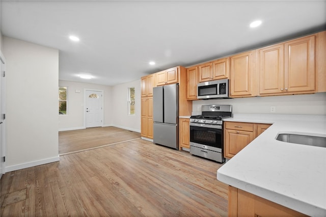 kitchen featuring light brown cabinetry, light wood-type flooring, and stainless steel appliances