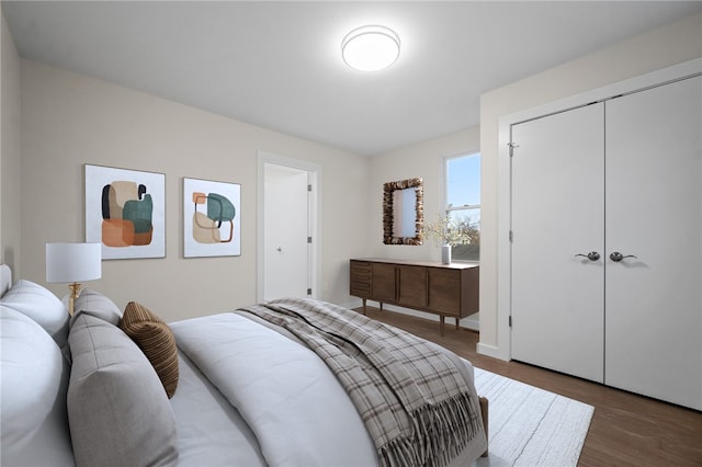 bedroom featuring dark wood-type flooring and a closet