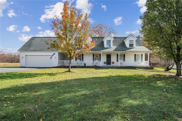 cape cod house with a garage, a porch, and a front yard