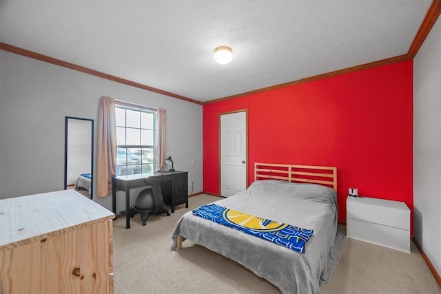 bedroom with ornamental molding, light colored carpet, and a textured ceiling