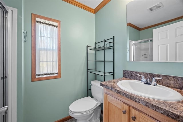 bathroom featuring toilet, an enclosed shower, vanity, and crown molding