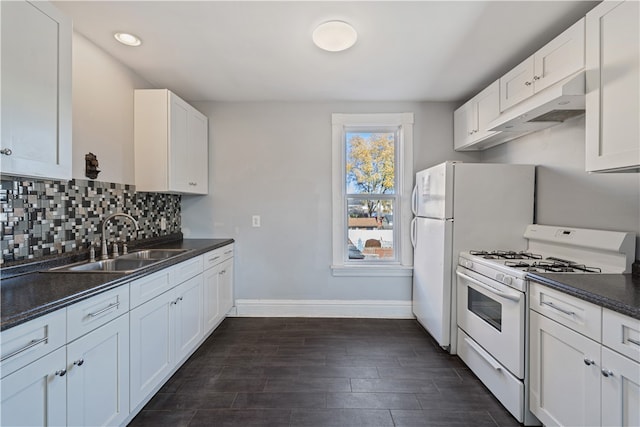 kitchen featuring white cabinetry, white range with gas stovetop, decorative backsplash, sink, and dark wood-type flooring