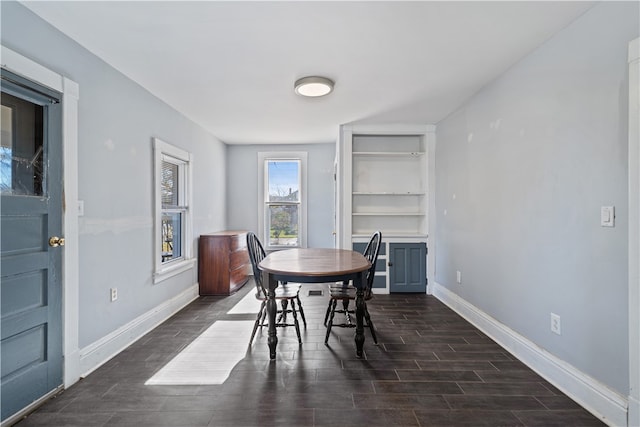 dining space featuring dark hardwood / wood-style flooring and built in features