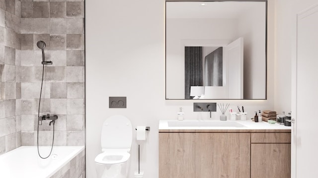 full bathroom with vanity, toilet, and tiled shower / bath combo