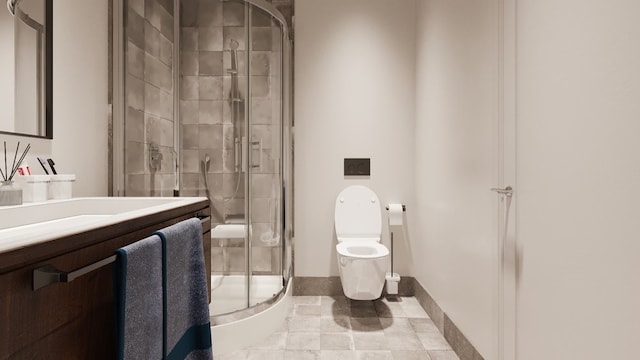 bathroom with a shower with shower door, vanity, and toilet