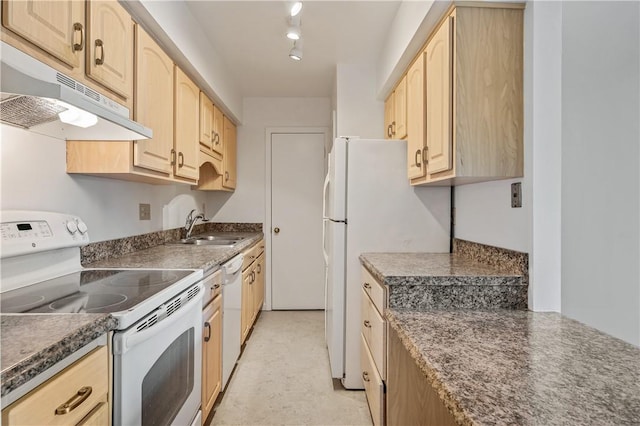 1000 Margarite Dr Unit G, Scott Twp Sal, PA 15216 - kitchen with white appliances, under cabinet range hood, light brown cabinetry, and a sink