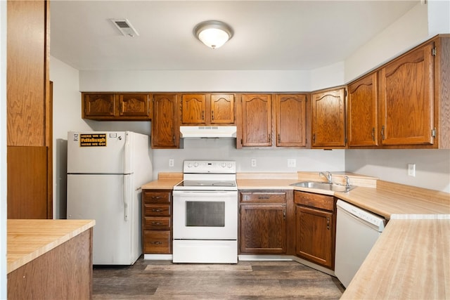 kitchen with white appliances, sink, and dark hardwood / wood-style flooring