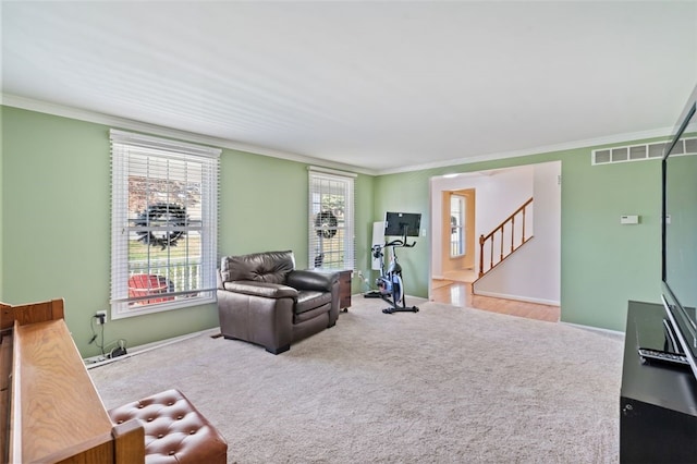 carpeted living room featuring crown molding and plenty of natural light