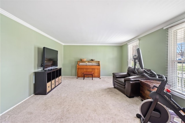 living room with light colored carpet and ornamental molding