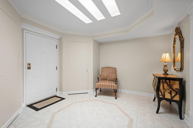 living area with ornamental molding