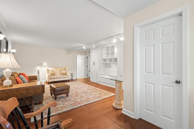 living area featuring hardwood / wood-style floors and track lighting