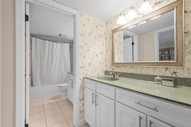 full bathroom featuring vanity, tile patterned floors, toilet, and shower / bath combination with curtain