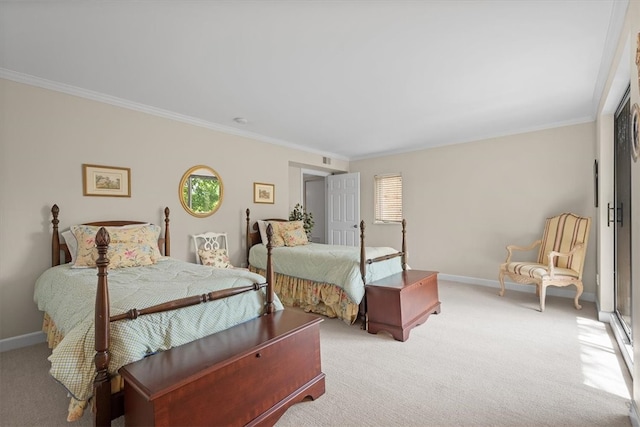 carpeted bedroom with multiple windows and crown molding