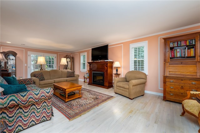 living room featuring light hardwood / wood-style floors and crown molding