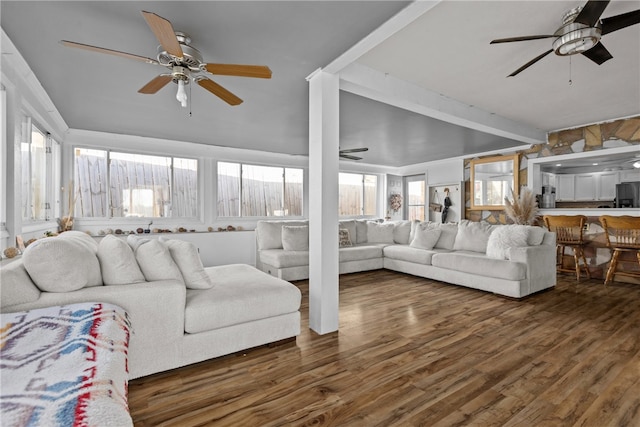 living room with dark hardwood / wood-style flooring and ceiling fan