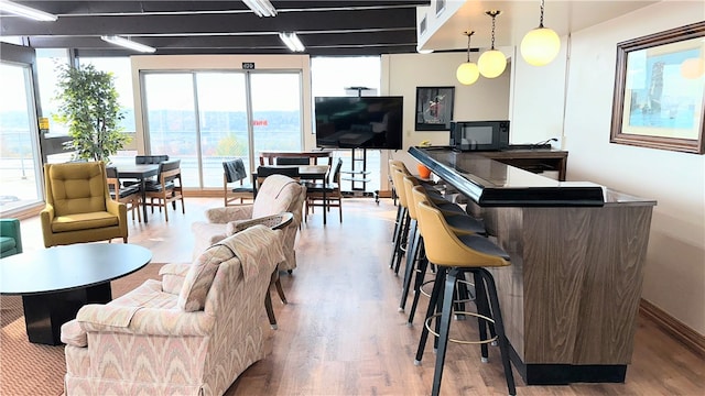 interior space featuring light wood-type flooring, pendant lighting, and plenty of natural light