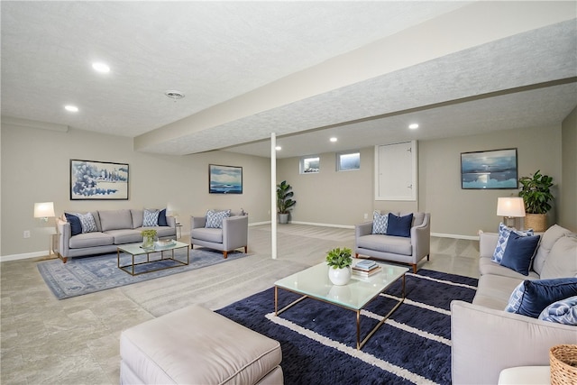 living room featuring a textured ceiling