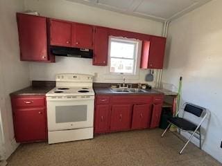 kitchen with sink, white range with electric stovetop, and range hood