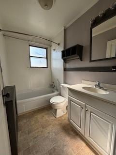 full bathroom with vanity, bathtub / shower combination, and toilet