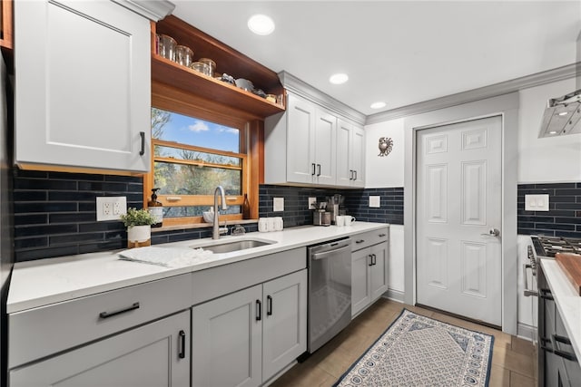 kitchen with decorative backsplash, sink, light tile patterned floors, and stainless steel appliances