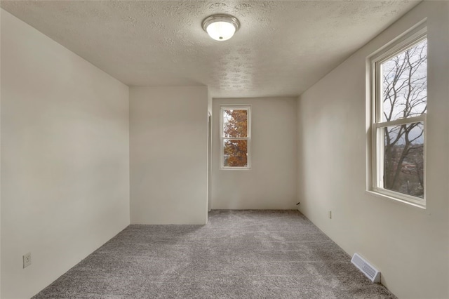 unfurnished room featuring a textured ceiling and carpet floors