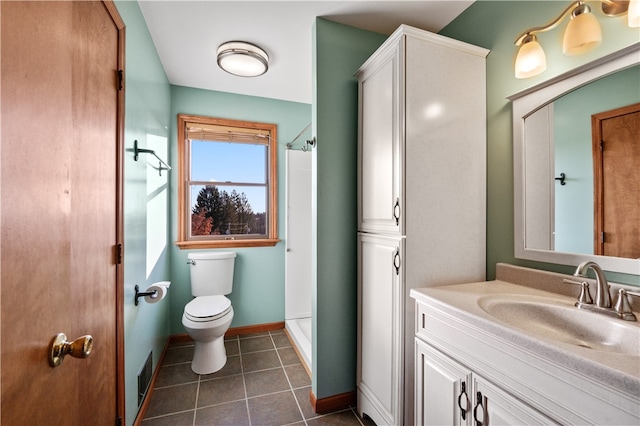 bathroom featuring walk in shower, toilet, vanity, and tile patterned floors