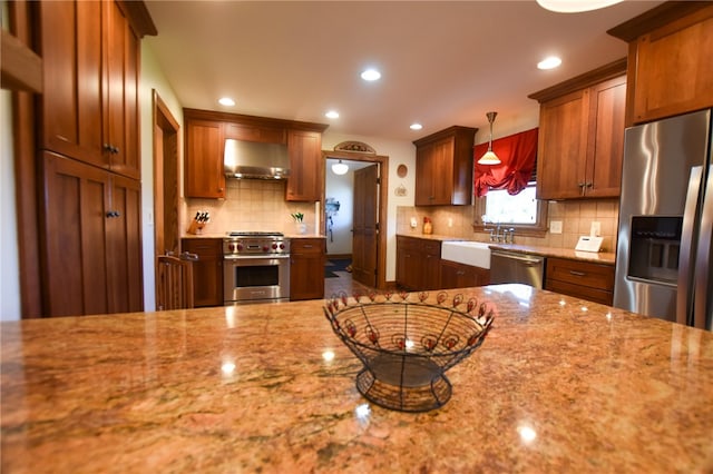 532 W Sunbury Rd, Center Twp But, PA 16001 - kitchen featuring sink, light stone counters, range hood, pendant lighting, and appliances with stainless steel finishes