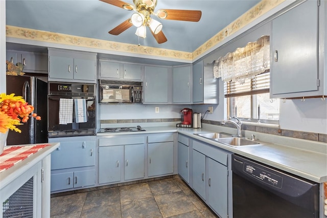 kitchen with black appliances, sink, and ceiling fan