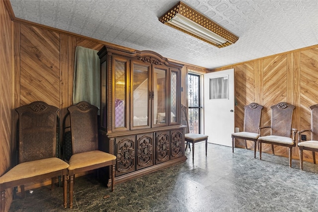 living area featuring wood walls and an ornate ceiling