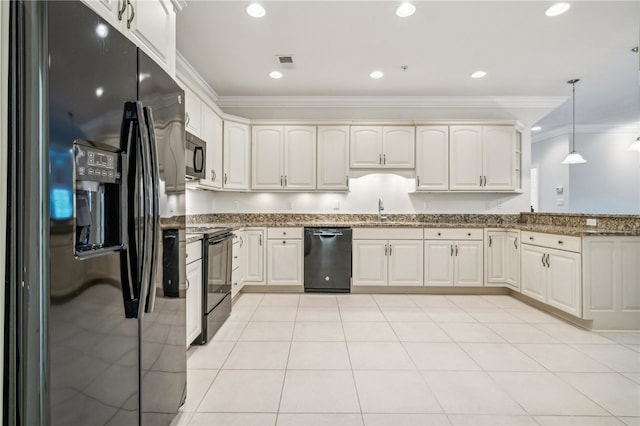 kitchen featuring black appliances, crown molding, white cabinetry, pendant lighting, and light stone countertops