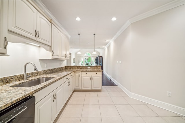 kitchen featuring sink, ornamental molding, light tile patterned floors, pendant lighting, and dishwasher