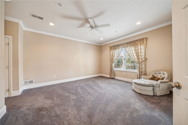 unfurnished room featuring carpet, ceiling fan, and crown molding