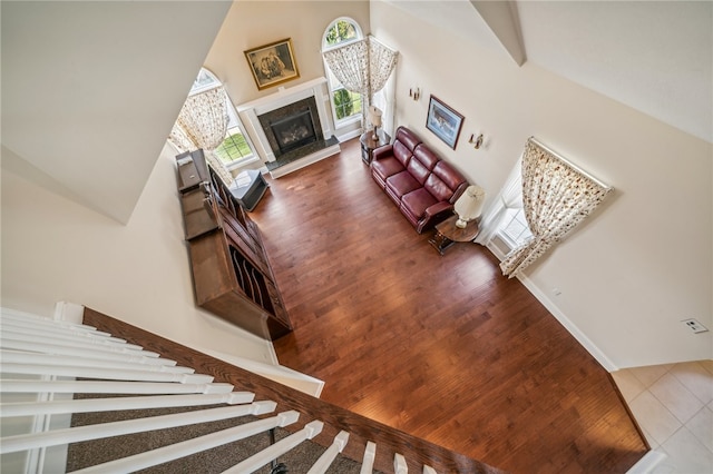 living room featuring wood-type flooring and a high end fireplace