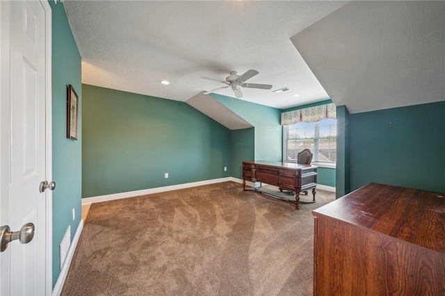 bonus room with lofted ceiling, ceiling fan, and carpet floors