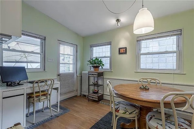 82 Laclede St, Mt Washington, PA 15211 - dining room with radiator, light wood-style floors, vaulted ceiling, an office area, and wainscoting