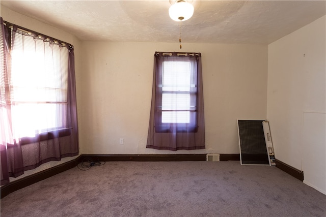 carpeted spare room featuring a wealth of natural light and a textured ceiling