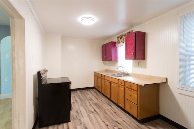 kitchen with sink, electric range oven, ornamental molding, and light hardwood / wood-style flooring