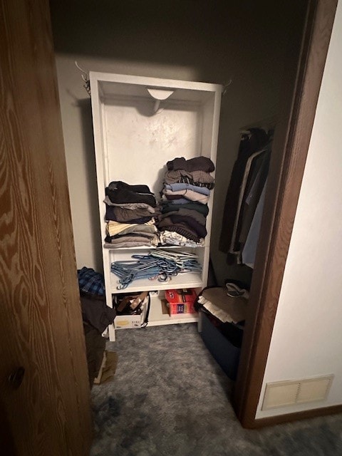 walk in closet featuring dark carpet